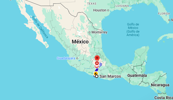 San Marcos se encuentra ubicada a 556 km al sur de la ciudad de México. Fuente: Google Maps